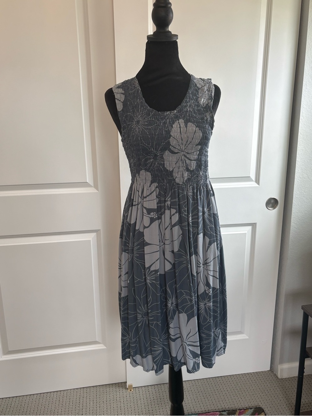 Sleeveless Blue Floral Midi Dress with Smocked Bodice from the Hawaiian brand
